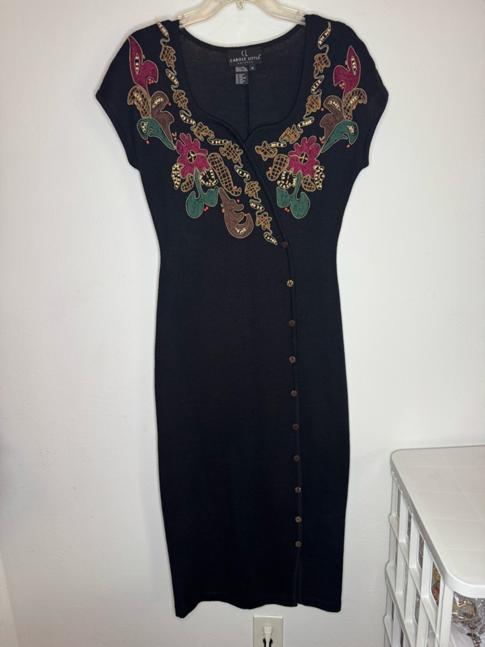 Carole Little Black Midi Dress with Embroidered Floral Yoke